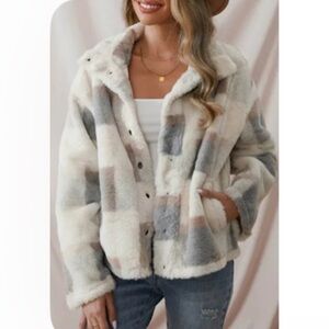 Collared Button Up Plaid Faux Fut Coat